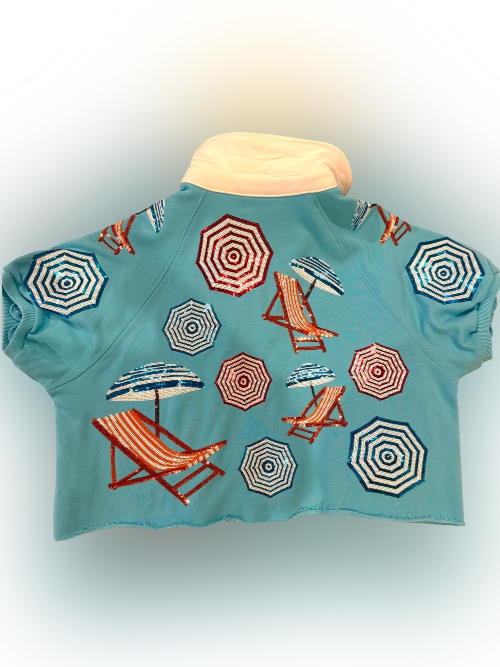 Queen of Sparkles Beach Umbrella & Chair Sequin Cropped Polo Top Blue Size Small